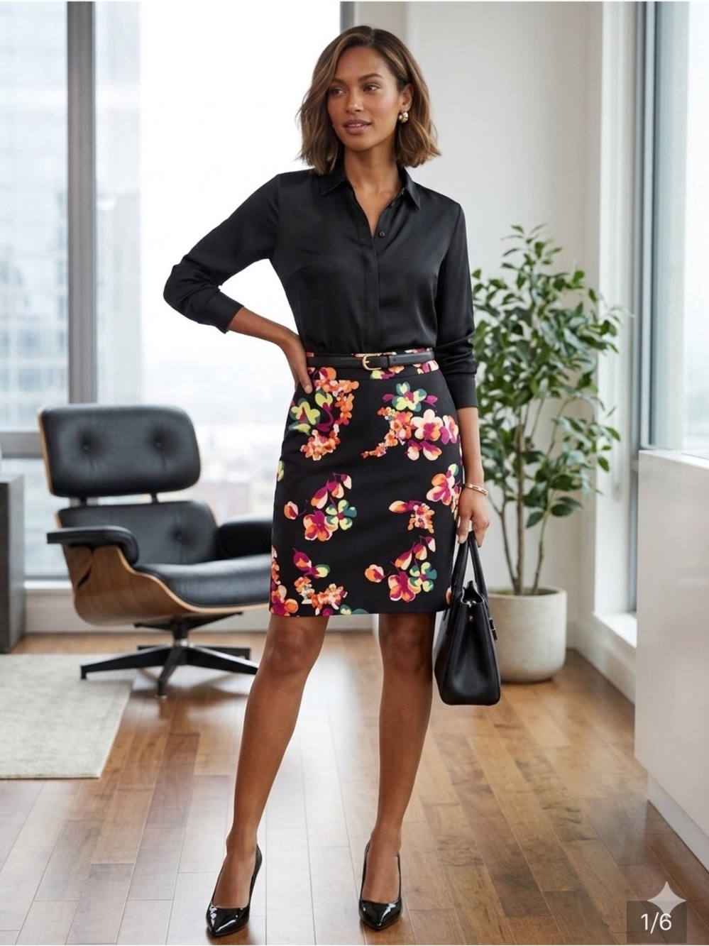 Merona floral pencil skirt black office cottagecore chic career size 6.